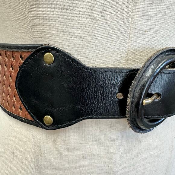 Justin Boots basketweave tooled leather western belt size 42 gold tone buckle - Picture 5 of 14
